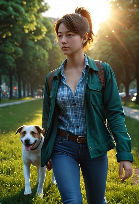 a young european woman, chubby, oval face, brown round eyes, snub nose, double chin, small lips, short brown hair, ponytail,
tight jeans, blue and white plaid shirt, green jacket, walking her dog, sunny afternoon, city park,
dynamic angle, hot summer evening, sunset, golden hour,
shallow depths of field,, masterpiece, 8k, ultra high res, ultra high detail, best quality, ultra detailed, realistic, highly detailed, trending artstation, award winning photograph by annie leibovitz, closeup photo, realistic, greg rutkowski, michael bayardashida, gustave dore alphonse, much craig mullins, matte painting, eugene de blake, cinematic, studio lighting, hyperrealistic, depth of field, bokeh, dof, beautiful, detailed, intricate, elegant, extremely smooth, digital illustration, epic conceptart, rendering, misty light, novel cover artwork, octane render, pixiv contest winner, yusuke murata,