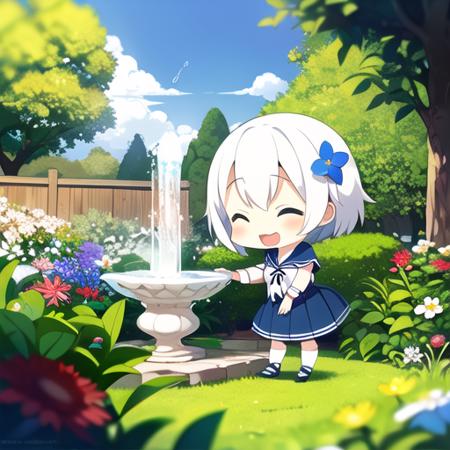 <lora:nnchibi1:0.6>,
nnchibi, 1girl,  solo, 
short hair, white hair, hair_ornament,blur, light laughing,flower hair ornament,
middle breasts, serafuku, white and blue cloth,
cute shoes,
standing, 
garden,flower, window,sun,sky,sunlight, warm sunlight,mini fountain,mini rain bow,
dynamic background,light,colorful, warm color,cinematic angle