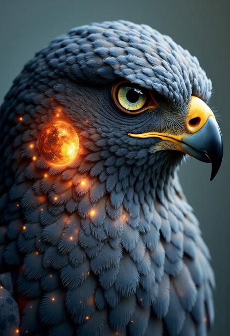 digital art by Adam Martinakis, Goro Fujita and Filip Hodas, Illustration, a close up image of the face of an Falcon  , the reflection on the eyes shows a netherworld, Surrealism, digital manipulation, ethereal landscapes, Concept art, VR painting, imaginative worlds, whimsical characters, digital illustration, Sci-fi digital art, dystopian landscapes, surreal compositions, vibrant colors, dynamic dramatic atmosphere, dynamic cinematic color, flowing, best, unique.