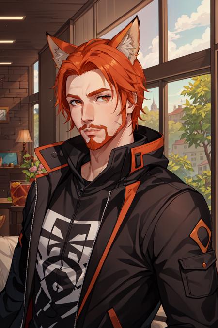 Roiadan Vanzey,  Osenayan , (masterpiece,  best quality),  animal ears,  solo,  facial hair,  1boy,  male focus,  fox ears,  parody,  orange hair,  indoors,  beard,  stubble,  looking at viewer,  lips,  upper body,  brown eyes,  animification,  nose,  jacket,  cosplay,  rule of thirds, <lora:EMS-49410-EMS:0.500000>