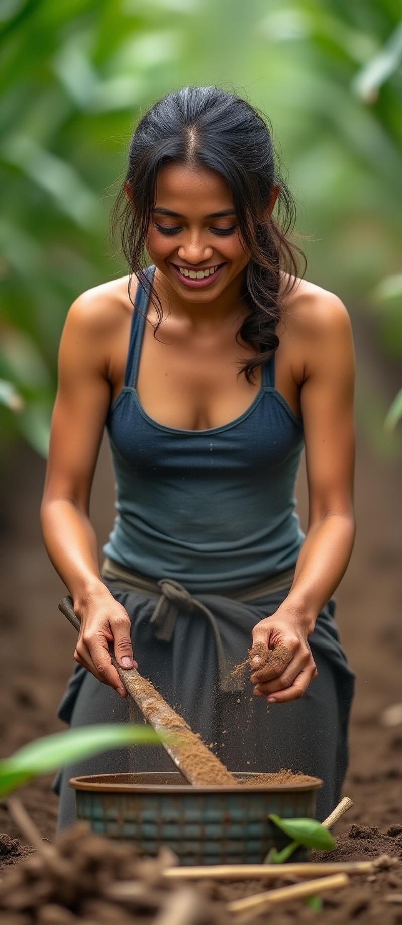 an Asian girl working on a plantation in rural, surrounded by natural beauty, sweat covers her body, reflecting her dedication and passion for work, the scene captures the raw and emotional essence of labour in a difficult environment, the atmosphere is inspiring and evokes deep emotion, highlighting the contrast between the harshness of the task and the serene beauty of the surrounding nature,