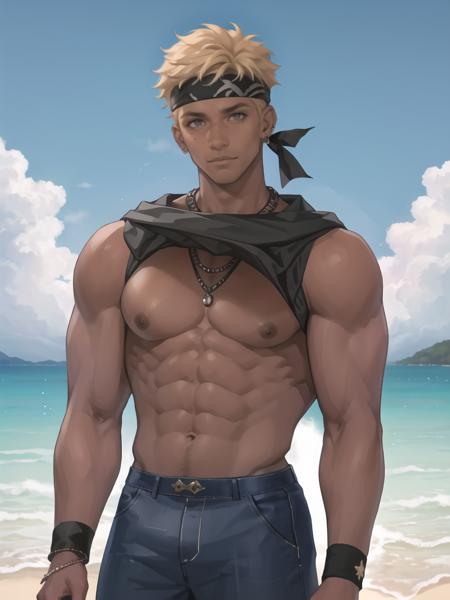 best quality,masterpiece,highres,<lyco:leien:0.8>,1boy,male focus,solo,mature male,muscular male,bara,dark skin,blonde hair,short hair,grey eyes,scar on nose,pectorals,nipples,abs,arms behind back,closed mouth,beach,legskin,white sleeveless coat,black shirt,bandana,necklace,jewelry,earrings,armband,wristband,full frontal,looking at viewer,shirt lift,open coat,