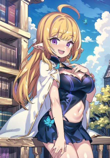 masterpiece, best quality, 1girl, breasts, pointy ears, butterfly, blonde hair, long hair, bug, large breasts, robe, purple eyes, solo, blue butterfly, open robe, open mouth, cloud, sky, smile, navel, day, cat, outdoors, elf, paintbrush, blue sky, fully clothed, open clothes, book, leaning forward, looking at viewer, painting \(object\), bookshelf, bangs, Break scenery, outdoors, cloud, sky, tree, day, building, blue sky, railing, stairs, cityscape, city, bird, 1girl, solo, skirt, cloudy sky <lora:mimonel:1>