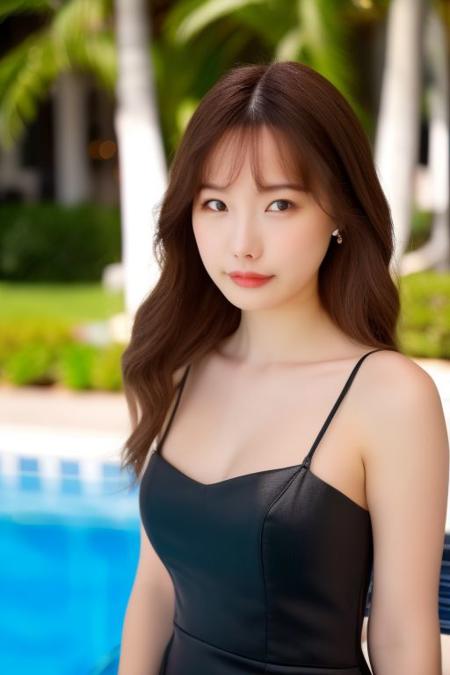 1girl, long hair, medium breasts, look at camera, (photo model), black dress, standing, outdoors, hotel area, poolside, tropical, day, realistic lighting, (best quality, 8k photorealistic), <lora:IchikaMatsumoto:1>