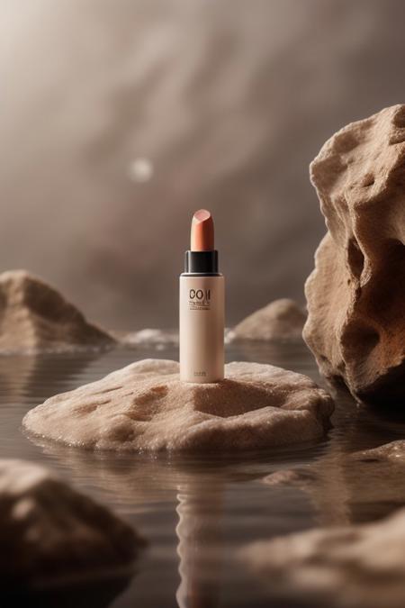 dark red lipstick, ,rock, water, reflect, no humans, depth of field, spotlight from above, red background, scenery, still life (Product Photography)  <lora:Product Photography:0.85>