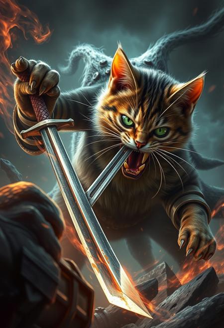 epic fight, cat with sword in mouth vs monster