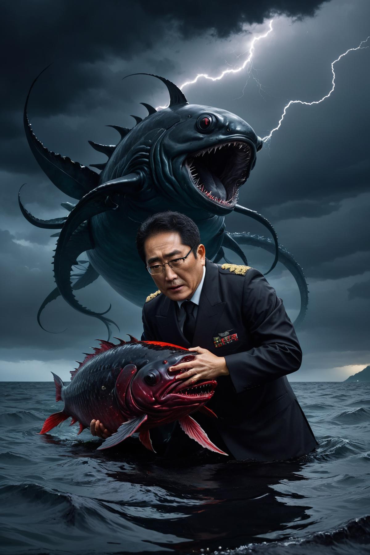 A man holding a large red and black fish in front of a giant sea monster.
