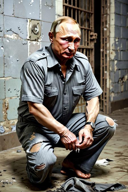 A photorealistic picture of an (((old Vladimir Putin))) in a dirty prison. He is down ((((((on his knees)))))) and scrubbing the dirty floor with a dirty rag. His face expresses absolute despair, (((crying))). He is wearing (((dirty ripped grey trousers and durty, ripped gray t-shirt, barefoot))).  <lora:putintheking:1.7> <lora:flux_realism_lora:1.7>