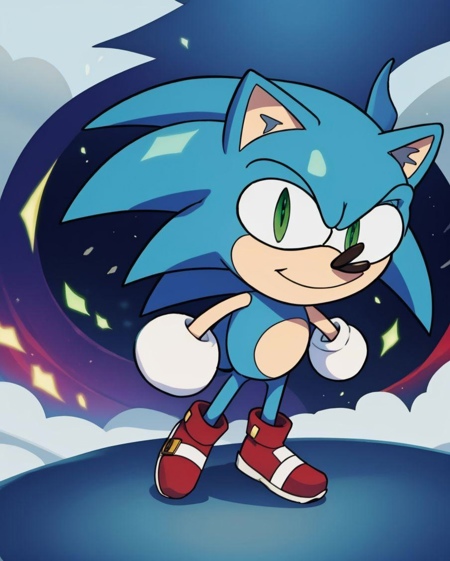 sonic, solo, blue hair, green eyes, furry, furry male, animal nose, blue fur, animal ears, shoes, socks, white gloves, spiked hair, red footwear, chibi, cartoon,