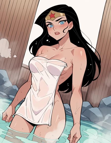 diana prince, blue eyes, black hair, cleavage, bare shoulders, jewelry, star \(symbol\), leotard, star print, superhero,