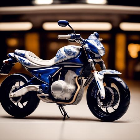 a (bwporcelaincd, porcelain, shiny:1.2) motorbike, toy model, (solo:1.2), <lora:bwporcelaincd-000015:0.9>, no humans, high quality, masterpiece, realistic, photorealistic, long-focus, (indoors, parking lot)