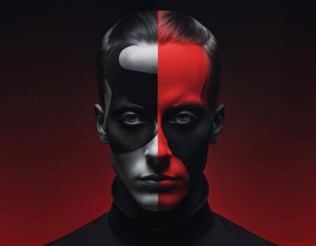 emil hajjaj creates surreal digital art with a single black eye, in the style of dark black and red, androgynous, peter andrew jones, split toning, presentation of human form, studio portrait, aleksandr deyneka