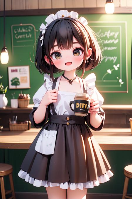 best quality,HDR,UHD,8K,solo,1girl,(brown skirt:1.2),(looking at viewer:1.4),cowboy shot,standing,maid apron,(coffee shop and restaurant:1.2),(indoor:1.2),