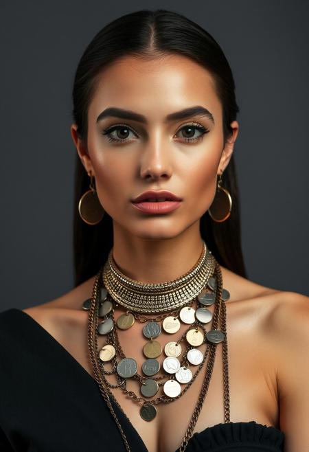 symmetrical front view, front view, beautiful woman, her left bare shoulder covered with jewelry made with coins and chains, grey background studio