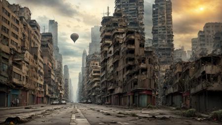 A lone hot air balloon floating low over a major city street, ((tattered)), patchwork, dystopian, dilapidated, (skyscrapers), (((weeds))), (overcast), gloomy
dynamic composition, rule of thirds, street view,
high detail, photographic, DSLR, high resolution