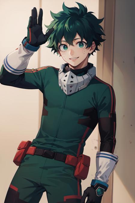 (masterpiece, best quality:1.2), <lora:mha_midoriya-10:1>, cowboy shot, solo, male focus, 1boy, midoriya izuku, smile, looking at viewer, short green hair, green eyes, green bodysuit, gloves