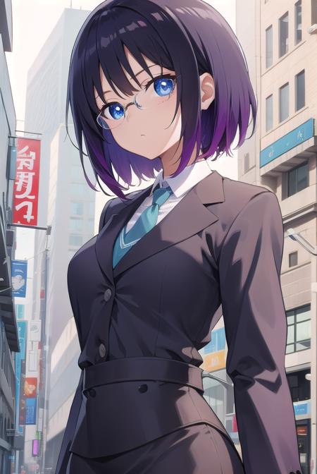 dragonelma, <lora:elmatest:1>, elma, black hair, blue eyes, glasses, multicolored hair, short hair, slit pupils, rimless eyewear,
BREAK collared shirt, long sleeves, necktie, office lady, pencil skirt, shirt, skirt, wing collar,
BREAK looking at viewer,
BREAK outdoors, office,
BREAK <lora:GoodHands-vanilla:1>, (masterpiece:1.2), best quality, high resolution, unity 8k wallpaper, (illustration:0.8), (beautiful detailed eyes:1.6), extremely detailed face, perfect lighting, extremely detailed CG, (perfect hands, perfect anatomy),