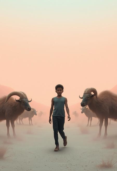 A lonely figure with blurred facial features walking through a strange, bright valley inhabited by bulbous animals with twisted horns and long tails, the sky a soft gradient of flesh pink and dusty blue, both world and character fading at the edges, surreal and introspective, vivid