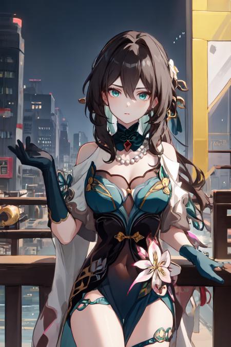 ruan mei \(honkai: star rail\) long hair, hairpin, dress, dark-green elbow gloves, necklace, single silver bangle, thigh strap, flower, see-through, detached collar, bare shoulders, 