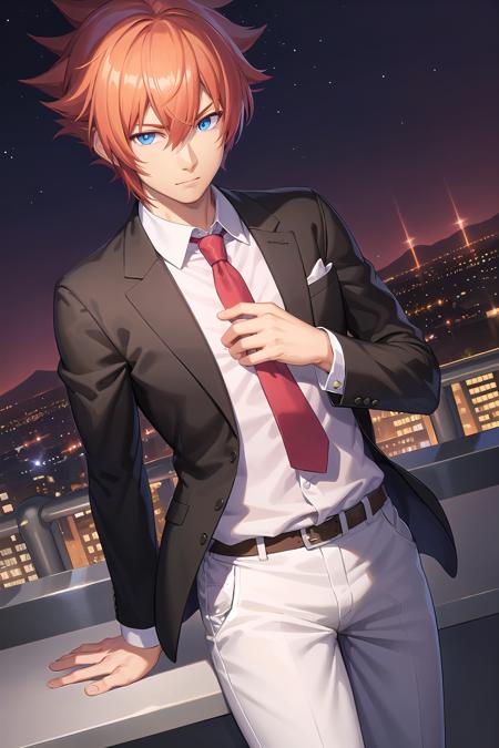 <lora:Harold_LoRA_AdamW_Dim64_Alpha32_5e-5_12batch_CosineAnnealingLR_NAI-000023:1>, harold_mv, 1boy, orange hair, short hair, spiked hair, blue eyes, hair between eyes, business suit, necktie, white shirt, belt, pants, hand on own chest, looking at viewer, dutch angle, pov, cowboy shot, night, city, city lights, cityscape, backlighting,