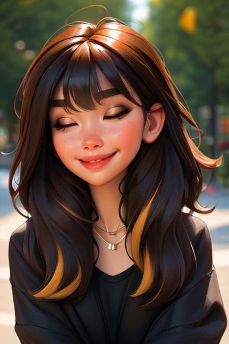 sam yang,
1girl, bangs, black hair, black shirt, blurry, blurry background, bokeh, brown eyes, brown hair, closed mouth, day, depth of field, hair between eyes, half-closed eyes, head tilt, jewelry, lips, long hair, long sleeves, looking at viewer, multicolored hair, necklace, nose, outdoors, shirt, smile, solo, thick eyebrows, two-tone hair, upper body
, ((masterpiece))
<lora:sam_yang_offset:1>