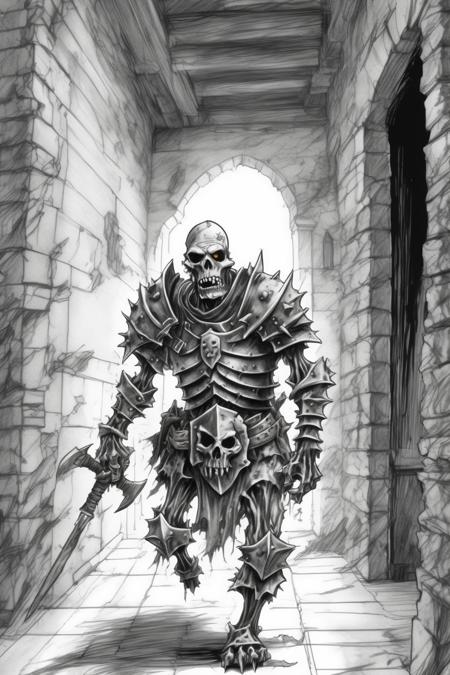 <lora:Marc Silvestri Style:1>Marc Silvestri Style - a crude, pen and ink, black and white sketching line-art drawing of a zombie undead knight with old battle-axe in magic crumbling armor charging at us down a stone corridor