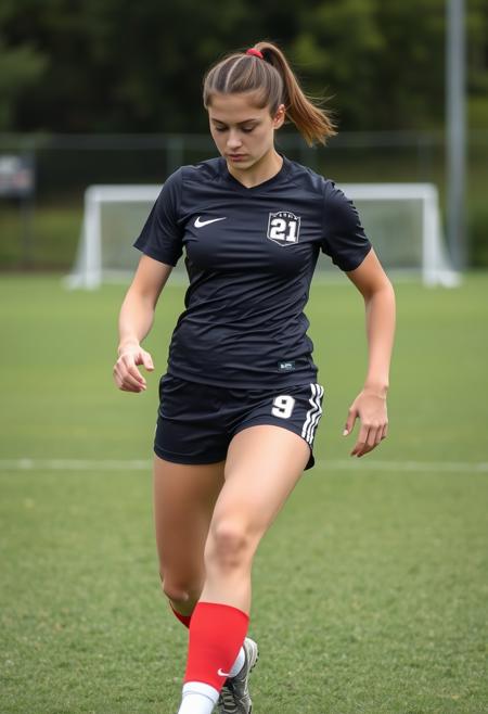 21 year old female athlete wearing a tight jersey and tight shorts. Slender build, slim waist. Front side view. Playing soccer outside on a lush green grass soccer field. (((Huge fake round breasts, large breasts, big boobs, very firm boobs:1.3))) that stretch her too small shirt. Muscular thighs and buttocks. Hair style up in a ponytail.