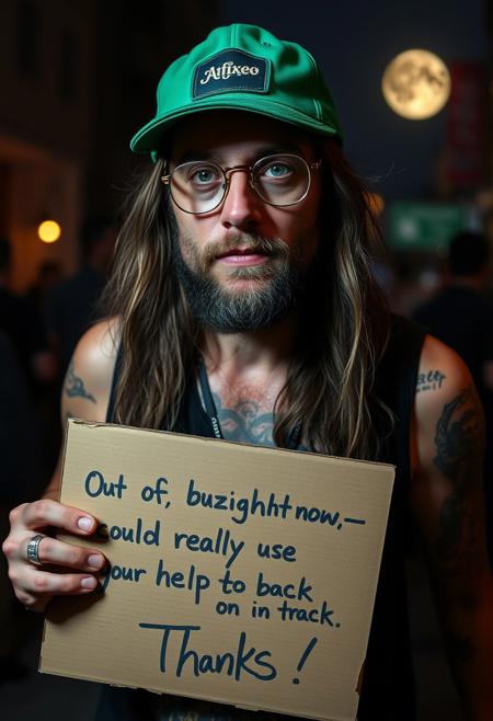 a vagabond, intoxicated, drunk. glasses john lennon style, long hairs, tattoo. green trucker cap. holding a cardboard with written "Out of buzz right now—could really use your help to get back on track. Thanks!" dark halley light only from the full moon in bk