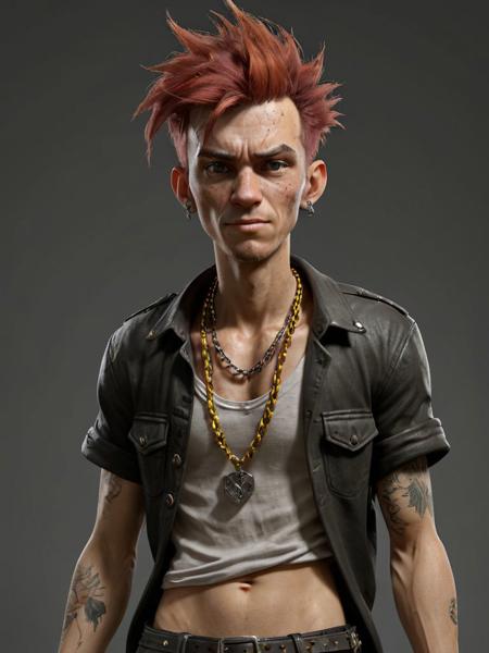 punk, skinny, multiples large necklaces, colored destroy shirt, 3d character, game (cartoon:0.5) character,  3d render, trending on artstation, concept, small, 1person, (full body:1.4), wide angle, 50mm, skinny,scars, hero pose, deciduous, (freckles:0.741), dirty clothes, thorns, goosebumps, gentle face, subtle smiling, cool person, (holding asset:1.3) , full body <lora:Grungy_Picture_SDXL_V1:1><lora:bynightPortraits-XL:0.4>, subsurface scattering, arnold render, xgen, trending on artstation, master piece, intricate, black background, rim lighting