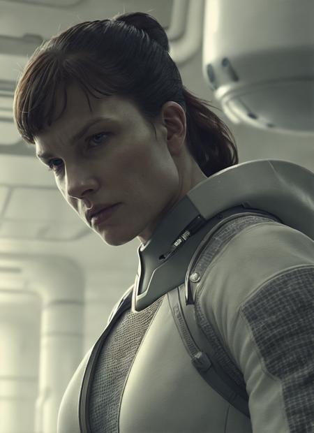 close up photo of sks woman, rugged space trucker, inside industrial spaceship, futuristic science fiction, action scene, digital concept art, realistic, intricate detailed textures, filmic, cinematic, environmental character portrait, <lora:locon_sylviahoeks_v1_from_v1_64_32:1.25>