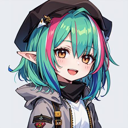 masterpiece, 1girl, solo, best quality, chibi, minigirl, short hair, green hair, multicolored hair, streaked hair, colored inner hair, :d, brown eyes, pointy ears, gray jacket, gray headwear, upper body, simple background,