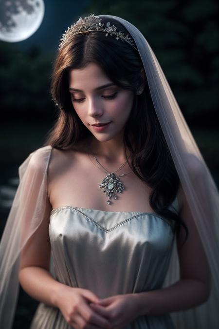 AshleyG_SoloTI_v1,
(happy,smile),
(In a flowing gown of silver silk, adorned with celestial patterns and shimmering moonstones, for a radiant and ethereal look),
(Amidst a tranquil clearing bathed in the soft glow of moonlight, where the gentle rustle of leaves harmonizes with the distant melody of a nocturnal symphony, a sense of serenity and enchantment envelops the celestial figure of the Moon Goddess:1.3),
(seductive:1.3),(analog, cinematic, film grain, hazy atmosphere, cinematic shot:1.3), 
 <lora:add_detail:0.6>,<lora:LowRa:0.6>, PA7_Portrait-MCU,