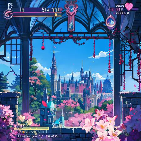 A platform game, celeste, Castlevania, pixelart, castle outside, sunny, spring, flowers, sidescroller,