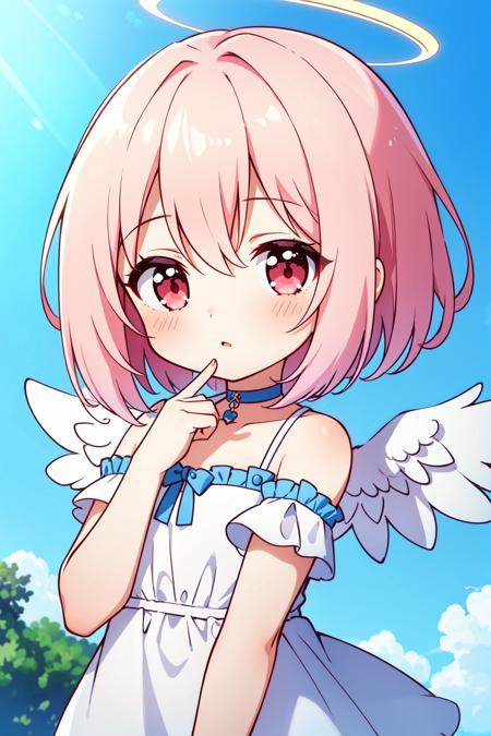 masterpiece, best quality, 1girl, chibi, halo,
short hair, blonde hair, pink hair, gradient hair, red eyes, choker, angel wings,
depth of field, blue sky,