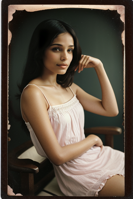 FreidaPinto, ((1900s photograph, Gibson tuck, soft blush wearing cotton chemise with square neckline, ruffled cuffs, and delicate lace trim, antique setting)), Century Camera Co. Studio, 160mm f/8, 1/10s, ISO 25, ((tintype))