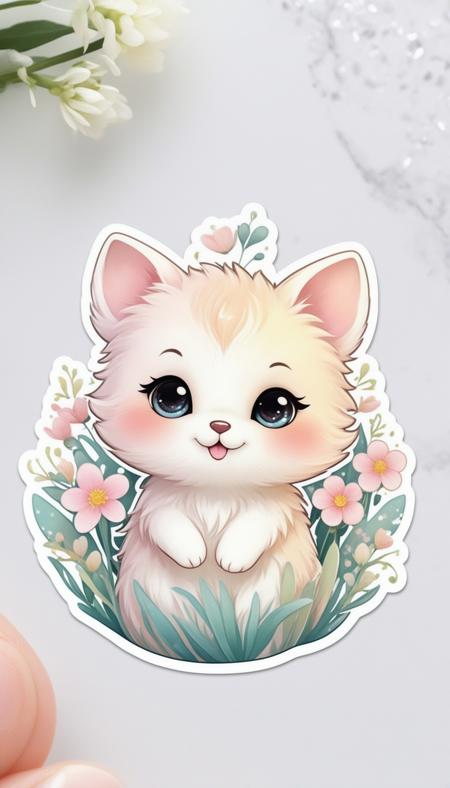 Sticker of a cute, round little animal with big, sparkling eyes and a gentle smile on its face. It has soft, pastel-colored fur. The small critter is surrounded by dainty, heart-shaped flowers in complementary pastel shades, adding to the sticker's overall charm.The white background provides the perfect canvas for this adorable creature, allowing its pastel features to pop and catch the eye. The sticker design exudes a warm and playful energy, making it an endearing addition to any item it adorns.