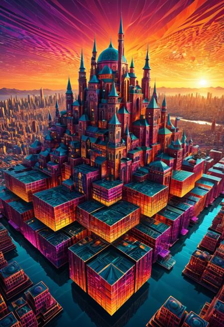 A floating city made entirely of fractangles, surreal skyline, sunset lighting, floating architecture, futuristic and impossible structures, vibrant warm colors, (Fractangles:1.5), (city made of fractangles:1.4), (sunset lighting:1.2), (floating structures:1.3), (futuristic surrealism:1.3)