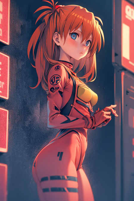 masterpiece, best quality, 1girl, asuka langley, red plugsuit, cyberpunk background, neon light  <lora:XaxaxaV2:1>