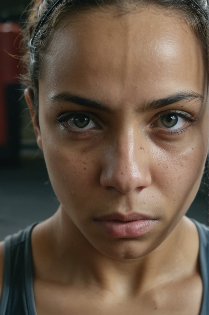 photograph close up portrait of young egyptian Female boxer with grey eyes training, serious, stoic cinematic 4k epic deta...