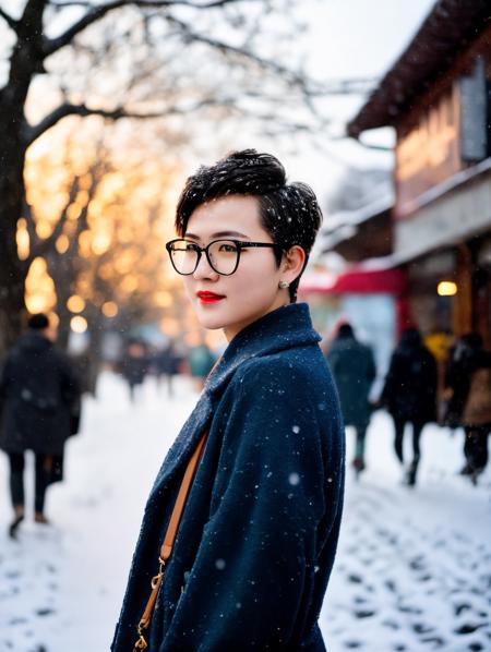 RAW photo, a beautiful cool trendy young woman with short hair and glasses, on street, in backlight, snowing <lora:CC_v2.0:0.7>, (high detailed skin:1.2), 8k uhd, dslr, soft lighting, high quality, film grain, Fujifilm XT3