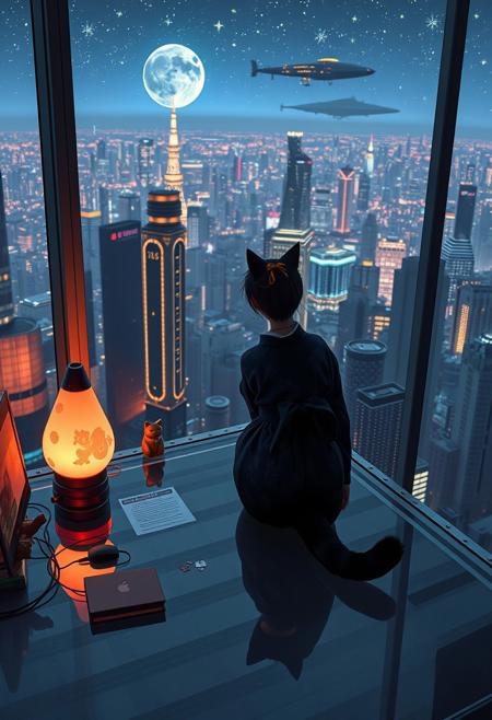 Jiji, the cat from Kiki's Delivery Service sits on a cluttered metal riveted desk with transparent top and rgb led computer components visible inside, On the desk are a maneki neko statue and a lava lamp, Jiji the Black Cat is looking out of a seamless and futuristic floor to ceiling window that looks out at a very high view from an apartment on the 400th floor of a futuristic Tokyo skyscraper, the year is 2250, The city has thousands of enormous wide and tall futuristic skyscrapers and space ships covered with lights in the sky, (((Kiki from Kiki's Delivery Service, 24 years old, is standing behind the desk looking out at the enormous city at night next to Jiji, filled with buildings of many shapes and sizes, some over a mile tall))), Kiki is dressed in an ornate Japanese style bath robe. An enormous deco starship with futuristic lighting and design is visible high above the city, and a space station is visible in the background among the stars, The woman's hair is messy from just waking up and tied up with a ribbon. Artistic cyberpunk, dynamic perspective, The focus is on Jiji and Kiki standing together looking out the window at the view together, (((overall architectural aesthetic is Art Deco Cyberpunk))).  Mt Fuji can be seen in the far distance,