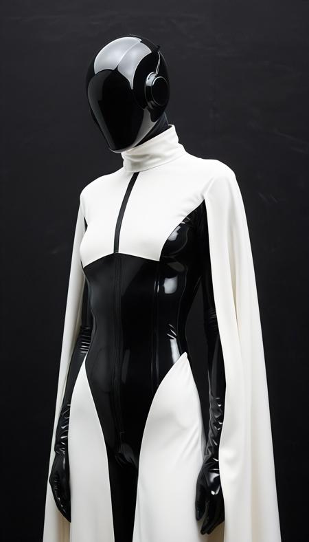 Futuristic, minimalist depiction of an enigmatic figure, faceless and androgynous, dressed in a sleek reflective helmet that seems to absorb and deflect light, with smooth, clean lines and an air-tight seal around the neck, paired with a flowing white cape that billows behind like an ethereal aura. The subject crosses arms over the chest, hands hidden within the cape's folds.  Against a stark, inky black background, faint X-shaped lines etch the void, hinting at some sort of cryptic code or dimensional gateway. The overall aesthetic is one of abstract styling, where every element serves to amplify mystery and otherworldliness.  The figure stands with an air of quiet power and contemplation, poised as if on the cusp of making a momentous decision. Their very presence seems to command attention, drawing the viewer into their enigmatic world. The reflective surfaces and soft folds of fabric create a sense of depth and dimensionality against the flat, monochromatic backdrop.  Inspired by the clean lines and sci-fi motifs of avant-garde futurism, this image evokes a sense of masterful control and precision, as if the very fabric of reality has been carefully manipulated to reveal this figure in all their haunting beauty. The result is an arresting, dreamlike tableau that challenges the viewer's perceptions and invites endless interpretation.  Style: Minimalist, futuristic, sci-fi inspired  Subject: Faceless, androgynous figure wearing reflective helmet and white cape  Important Feature: Reflective helmet, flowing white cape, crossed arms  More Details: Sleek lines, air-tight seal around neck, billowing cape, cryptic X-patterned background  Pose or Action: Contemplative stance with arms crossed, poised for action  Framing: Central figure against stark black backdrop with subtle highlights and shadows  Setting/Background: Inky void with faint X-shapes etched into the darkness  Lighting: Low-key lighting with dramatic contrasts between light and shadow  Camera Angle: Eye level or slightly above to emphasize the figure's imposing presence  Camera Properties: High-resolution digital camera, perhaps with a wide-angle lens to capture the vastness of the empty space behind the subject  Photographer: Inspired by the minimalist aesthetic of contemporary fine-art photographers, such as Cindy Sherman or Andreas Gursky, who push the boundaries of portraiture and composition.