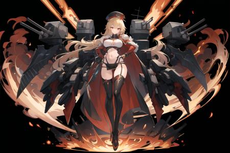 1girl, armored boots, bird, black cape, black dress, black footwear, black headwear, black thighhighs, blonde hair, boots, breasts, cannon, cape, clothing cutout, cross, dress, fire, floating hair, full body, fur-trimmed cape, fur trim, hair between eyes, hand on own hip, hat, high heel boots, high heels, holding, holding weapon, large breasts, long hair, machinery, navel, peaked cap, red cape, rigging, sidelocks, solo, standing, sword, thigh boots, thighhighs, thighs, turret, underwear, very long hair, weapon, <lyco:azur_lane-30:0.8>