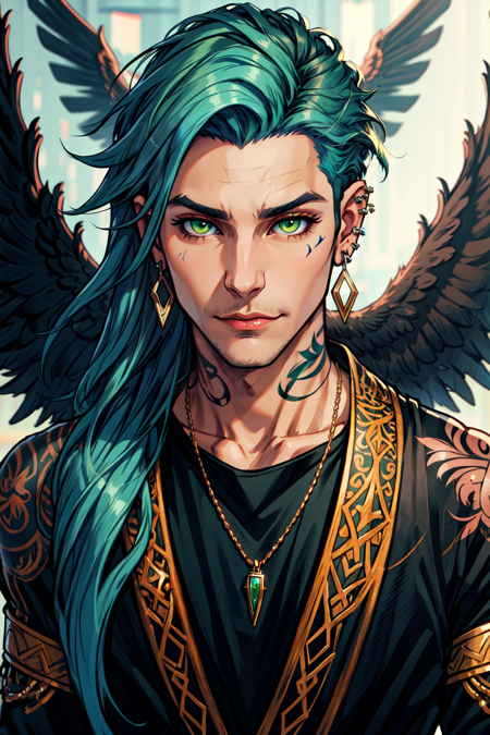 <lora:AeronXvoor0.5> Aeron X'voor, solo, long hair, looking at viewer, 1boy, jewelry, closed mouth, green eyes, blue hair, upper body, male focus, earrings, wings, necklace, blurry, tattoo, piercing, feathers, ear piercing, feathered wings, extra ears, Osenayan Mode