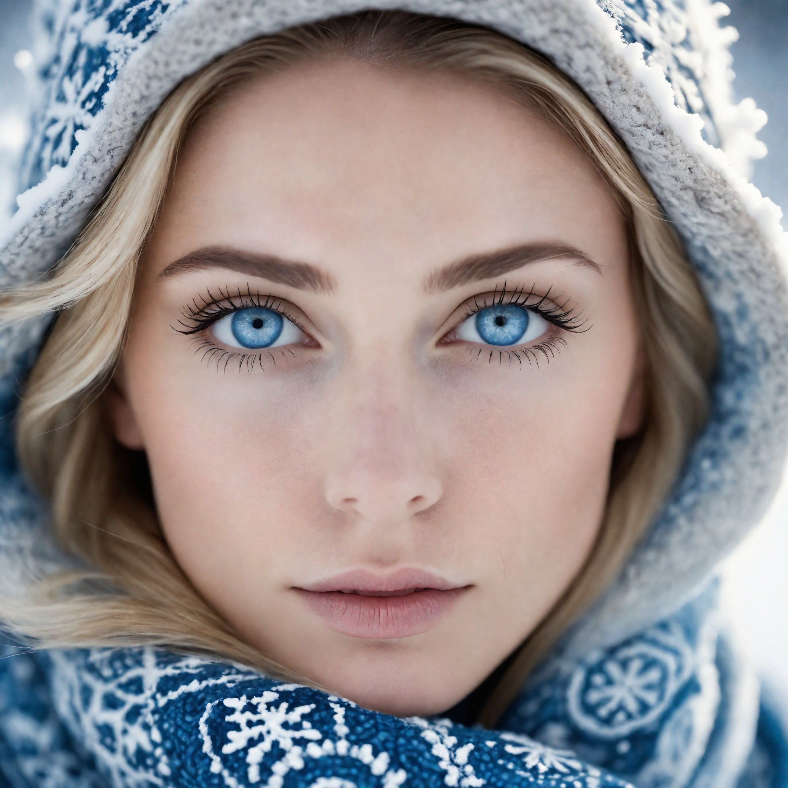 A Blonde Woman with Blue Eyes and a Light Blue Scarf.