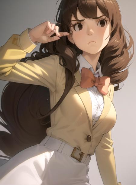 best quality, (masterpiece),(ultra-detailed), (high quality), (high resolution),  <lora:emmya-10:0.7>,1girl, black eyes, bow, bowtie, brown eyes, brown hair, clenched hand, closed mouth, emmy altava, frown, long hair, long sleeves, medium breasts,  school uniform, solo, white background, white shirt,yellow jacket,