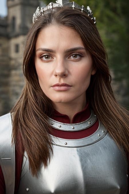 headshot, medieval era, princess warrior, metal armor, fierce expression, crown, castle, soft colors, bokeh, masterpiece, high quality, (high detailed skin:1.1)
 <lora:carla_humphrey_lora_v01:1> 8carla