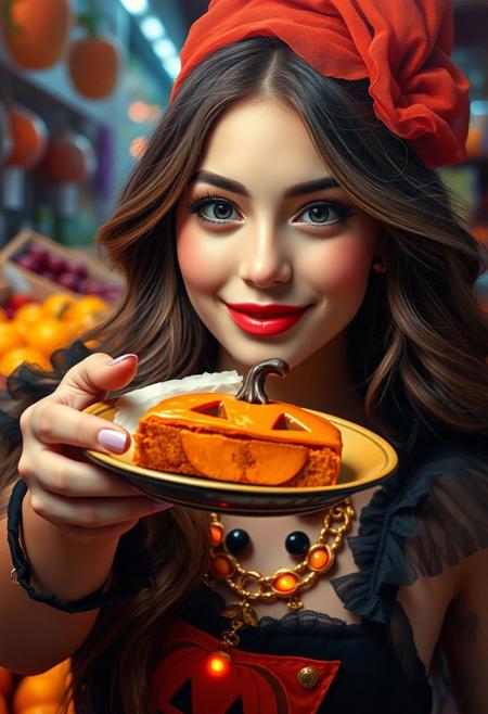 (best quality, masterpiece, ultra detailed, 8K, RAW photo), an oil paintiing of a beautiful student model handing over a plate with a slice of cake in the shape of a jack-o'-lantern to the viewer with eye contact, in the fruites market, in Halloween costume, eye contact,beautiful detailed eyes, lipgloss, kind smile, graceful pose, flowy hair, glowing jewelries, gorgeous gold necklace, fantasy style, soft brush strokes, vibrant colors, delicate features, neon light, Halloween vibes, colorful