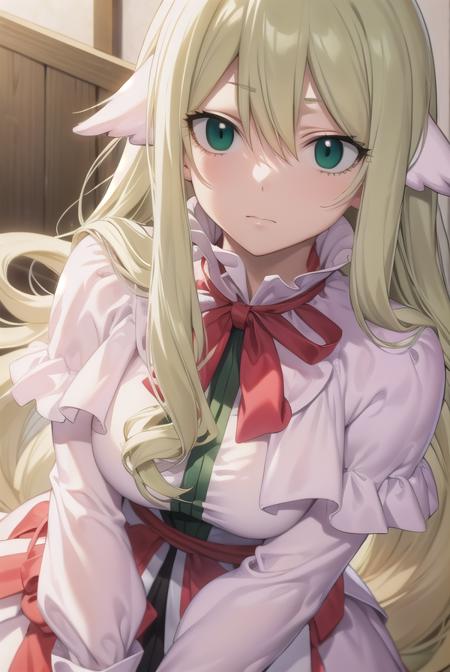 mavis, long hair, blonde hair, (green eyes:1.5), ahoge, wavy hair, animal ears, dress, white dress, collar, ribbon, red ribbon, capelet, long sleeves,