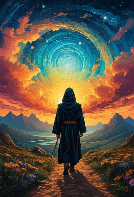 DB4RZ style painting, aidmansfwunlock, masterpiece,Color-grain Summer scene of a awesome scenery an otherwordly super shot, a view like every hiker would dream of and a giant stargate swirling Like a Spiral into Infinity black billowing Clouds above, veiled in a DARK robe resembling a jedi, very detailed, sunrise behind fluffy Clouds with extrem volumetric lighting backdrop, atmospheric haze, Film grain, cinematic film still, shallow depth of field, highly detailed, high budget, cinemascope, moody, epic, , vibrant surreal colours fine art, oil painting, best quality, dark tales, Cape Town in the Van Gogh style, starry sky, Dan Mumford, Andy Kehoe, 2d, flat, cute, adorable, vintage, art on a cracked paper, patchwork, stained glass, fairytale, storybook detailed illustration, cinematic, ultra highly detailed, tiny details, beautiful details, mystical, luminism, vibrant colors, complex background